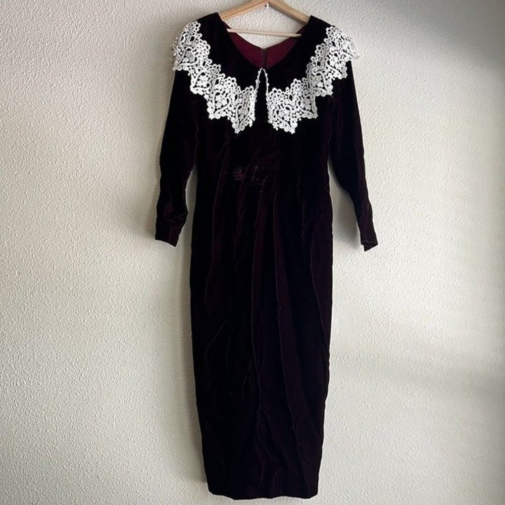Vintage 80s Jessica McClintock Bridal Maroon Velvet Lace Collar Victorian Dress